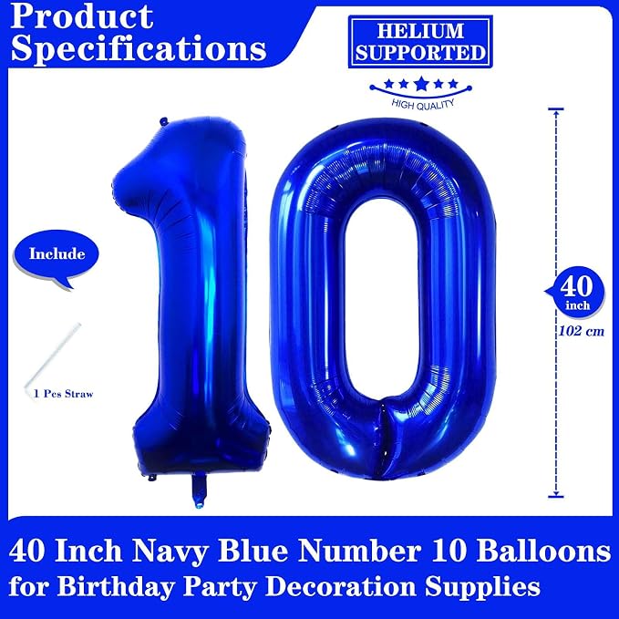 Navy Blue 10 Number Balloons, 40 Inch Giant Number 10 Balloons Foil Mylar - Image 2