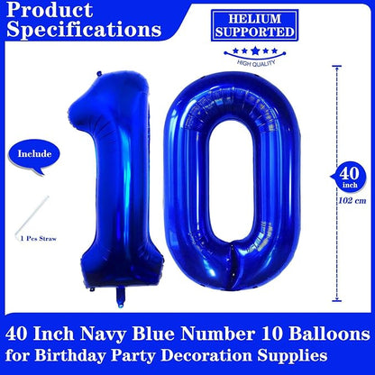 Navy Blue 10 Number Balloons, 40 Inch Giant Number 10 Balloons Foil Mylar - Image 2
