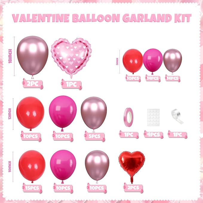 Valentines Day Balloons Arch Kit, Hot Pink Red Metallic Pink Blloons - Image 2
