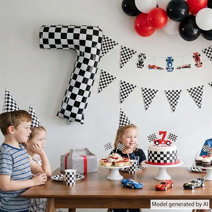 40 Inch Checkered Number 7 Balloon, Large Foil Black and White Number Balloons - Image 7