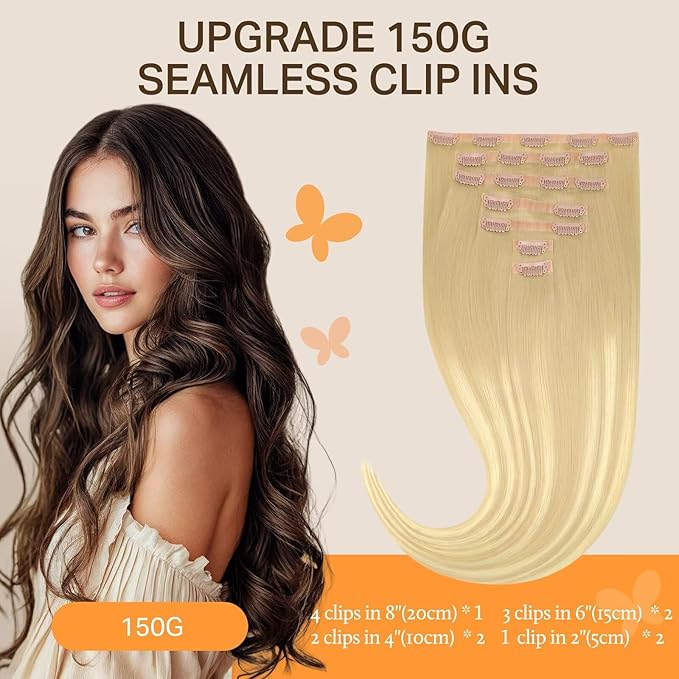 DOORES Hair Extensions Clip in Human Hair, Dirty Blonde Mixed Platinum Blonde 150g 7pcs 22 Inch, Human Hair Extensions Seamless Clip in Thick Remy Straight Invisi Edge Hair Extensions