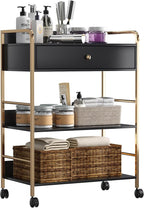 Salon Rolling Trolley with Lockable Wheels Barber Cart with Storage Drawer Mobile Hair Station Cabinet for Beauty Makeup Esthetician Spa Massage (Black-one Drawer-Two Shelves)