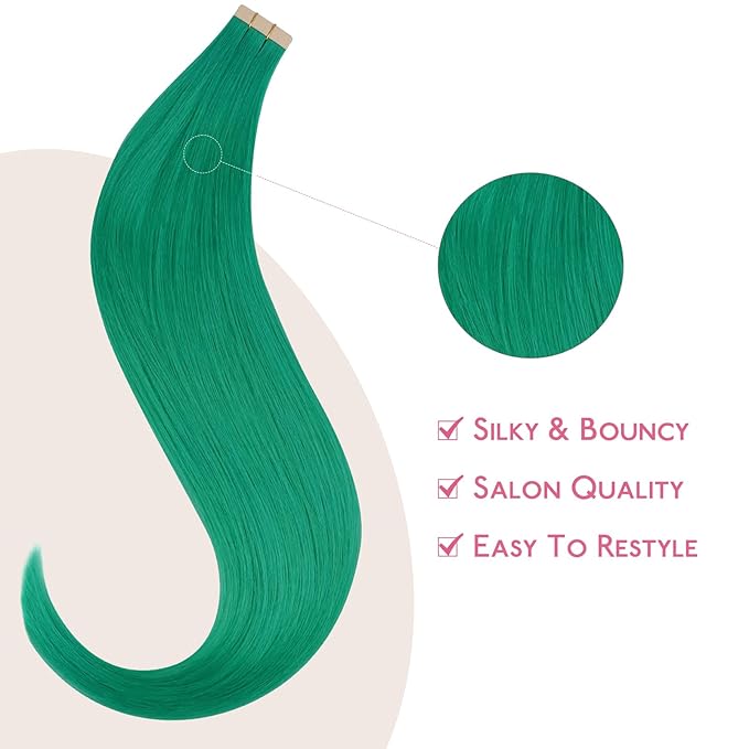 WENNALIFE Tape in Hair Extensions Human Hair Green Tape in Extensions, 10pcs 30g 24 inch Remy Invisible Tape Ins Straight Colored Soft Real Human Hair Tape in Extensions Refill Set Extensions