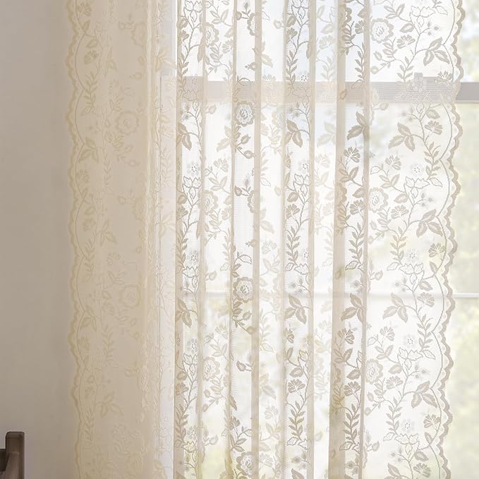 Beige Lace Curtains for Bedroom Rustic Floral W42 x L54 Inch, 2 Panels | Rod - Image 6
