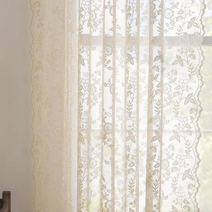 FINECITY Beige Lace Curtains for Living Room Floral 52 x 84 Inch, 2 Panels | - Image 7