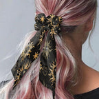 Colorful Star Sun Satin Hair Ties for Thick Curly Hair Black Elastic Hair Ties Knotted Ribbon Lightweight Scarf Scrunchies with Knot Pack of 2
