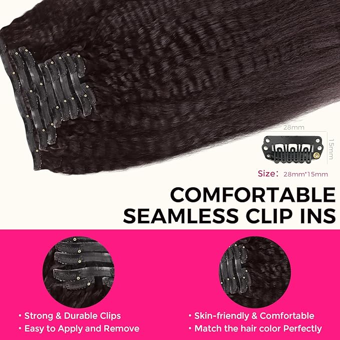 Lashey Seamless Clip in Hair Extensions Human Hair 130g 9pcs #2 Dark Brown 16 Inch Kinky Straight Clip in Hair Extensions Real Human Hair with Flat PU Invisi Edge Full Pack
