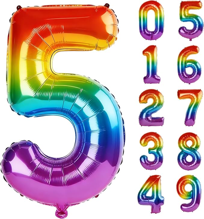 40 Inch Number 5 Balloons for 5th Birthday Party Decorations, 0-100 Rainbow by FOBELEC