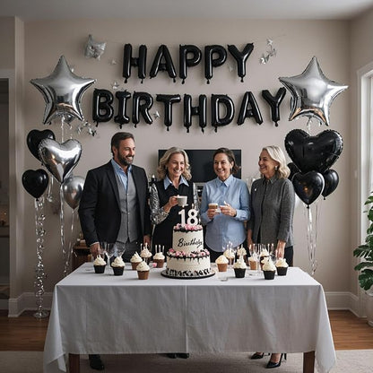 27 Pcs Black Silver Birthday Decorations, 3D Letters Black Happy Birthday - Image 3