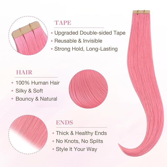 GOO GOO Tape in Hair Extensions Human Hair, Peach Pink, 12inch 20g 10pcs, Colored Tape ins Human Hair Extensions, Silky&Soft Invisible Tape Ins, Hair Highlighted for Party