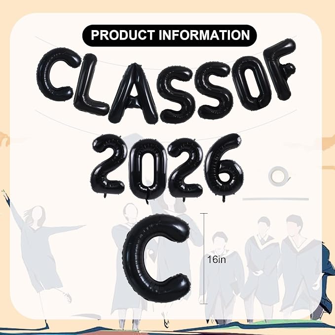 TONIFUL Black Class of 2026 Graduation Balloon Banners Foil Balloons - Image 2