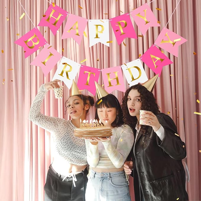 Pre-Strung Pink Happy Birthday Banner Birthday Party Banner NO DIY | Happy - Image 6