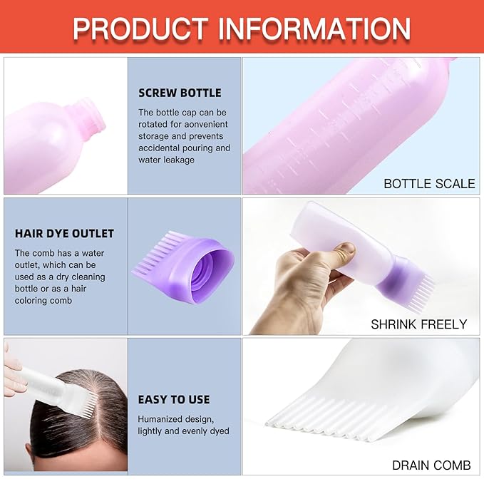 Root Comb SIMPLE GRIP Applicator Bottles, 6 Ounce, Oil Applicator with Graduated Scale (2 Pack, Purple)