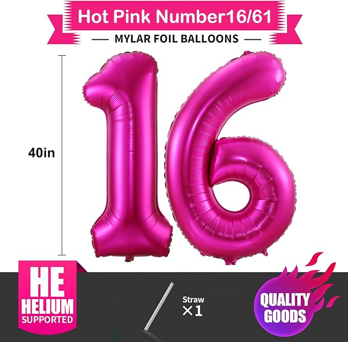 Hot Pink 16 Balloon Numbers, 40 Inch 16th Birthday Balloon Foil Mylar Number - Image 2