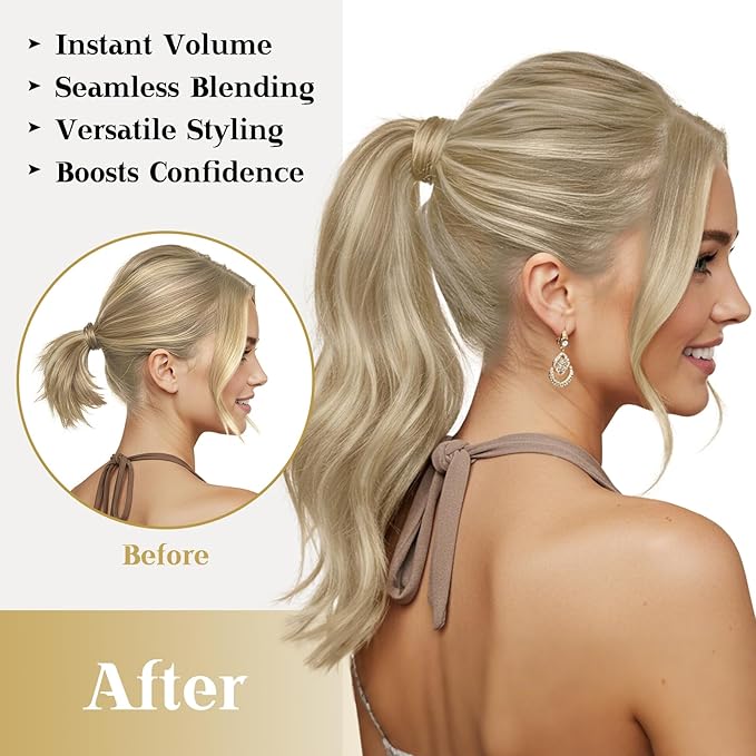 Ve Sunny Hair Extensions Ponytail Real Human Hair Wrap Around Clip in Ponytail Hair Extensions Straight Extensions Human Hair for Women Dark Golden Blonde Highlights 18inch 80G