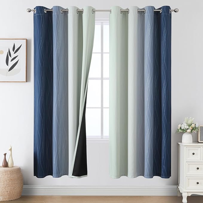Navy Blue and Sage Green Ombre Blackout Curtains 72 Inch Length 2 Panels by ESTELARTEXTILER