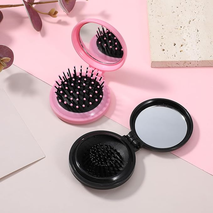 2PCS Folding Travel Mirror Hair Brushes, Round Folding Mirror Pocket Hairbrush, Foldable Hair-Brush with Makeup-Mirror for Women, Portable Mini Pop Up Hair-Brushes for Wet and Dry Hair (Black, Pink)
