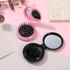 2PCS Folding Travel Mirror Hair Brushes, Round Folding Mirror Pocket Hairbrush, Foldable Hair-Brush with Makeup-Mirror for Women, Portable Mini Pop Up Hair-Brushes for Wet and Dry Hair (Black, Pink)