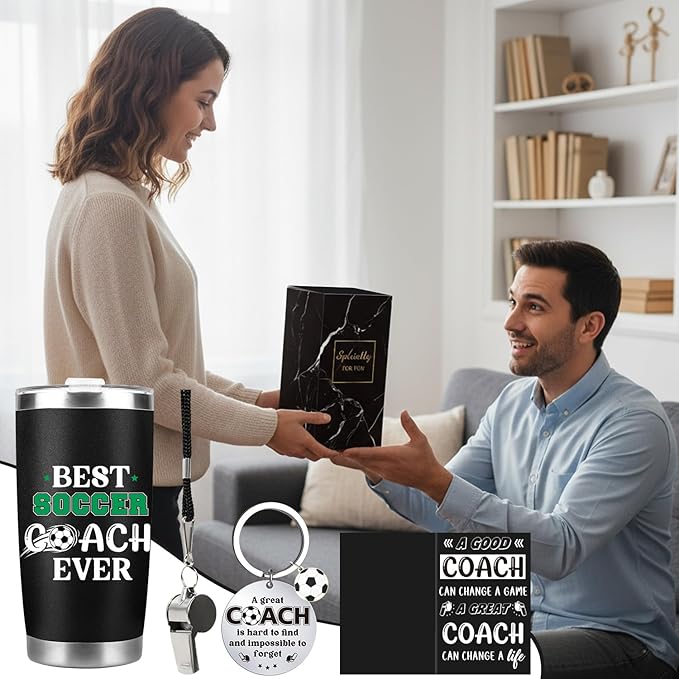 Keluna Soccer Coach Gifts for Men - Soccer Coach Appreciation Thank You Team Player Sports Lover Gift for Men Husband Brother Colleague Tumbler Cup Keychain Whistle Greeting Cards