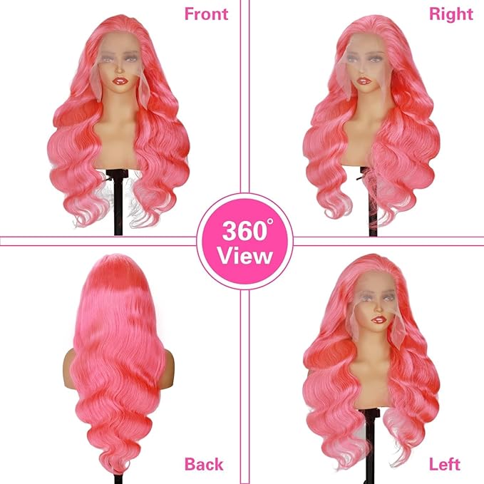 Long Hot Pink Wig Human Hair 13x4 200 Density Hd Transparent Body Wave 12A Pink Lace Front Wig For Women Pink Frontal Wigs Colored Hd Lace Wig 26 Inch