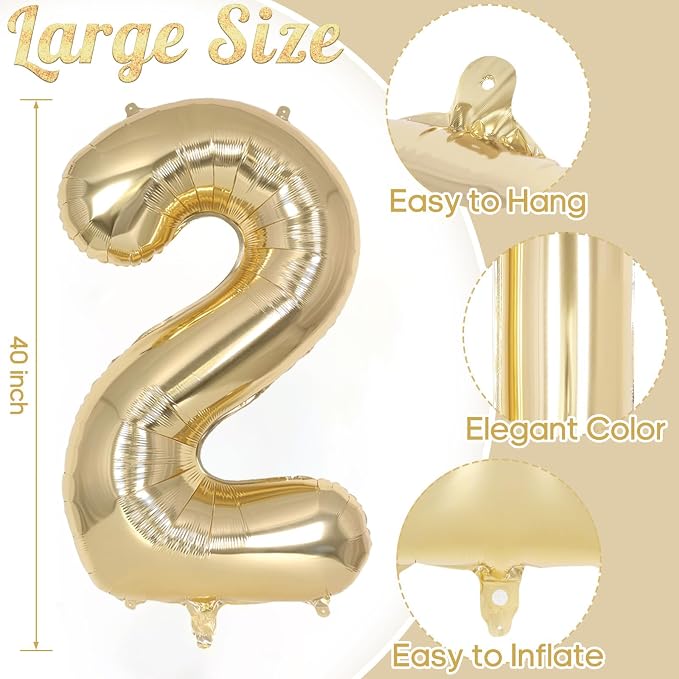 Champagne Gold Large Number 2 Balloon, 40 Inch Light Gold Foil Helium Number - Image 3