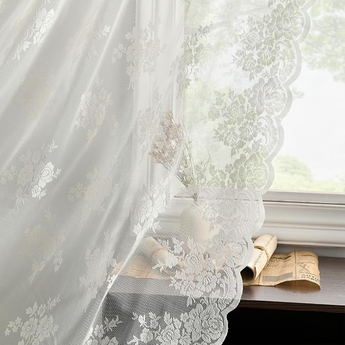 Kotile Ivory Lace Curtains for Bedroom Rustic Floral 52 x 84 Inch, 2 Panels | by Kotile+Curtains