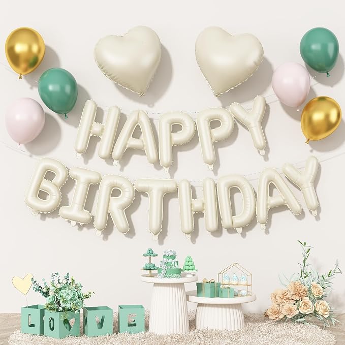 Happy Birthday Balloon Banner Cream Green, 16 Inch Beige Mylar Letters Heart by Togvu