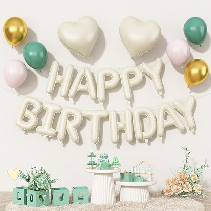 Happy Birthday Balloon Banner Cream Green, 16 Inch Beige Mylar Letters Heart by Togvu