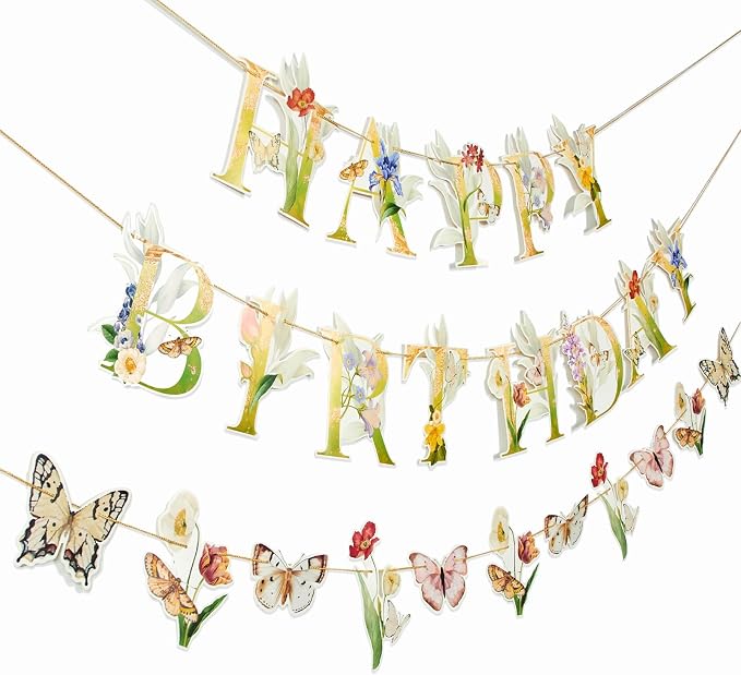SUNBEAUTY Wildflower Butterfly Happy Birthday Banner Spring Floral Birthday by SUNBEAUTY