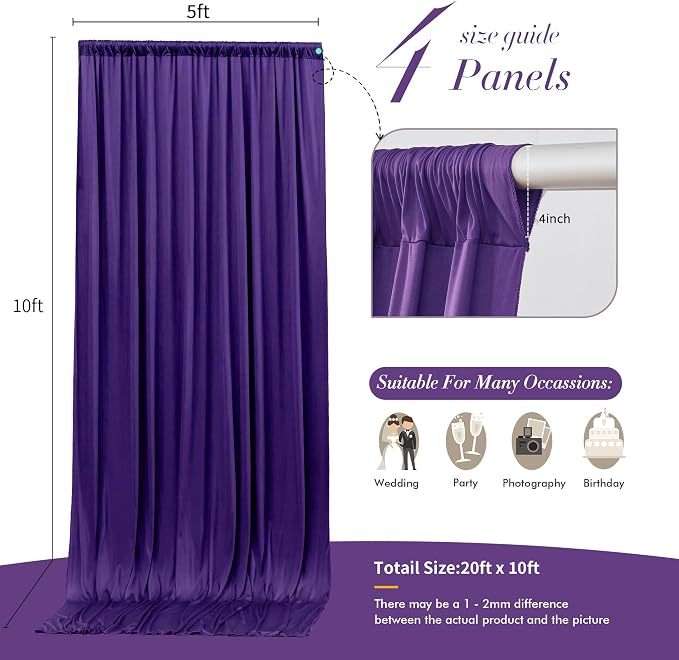 20 ft x 10 ft Wrinkle Free Purple Backdrop Curtain - Image 6