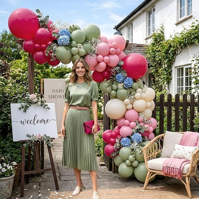 Hot Pink Sage Green Balloon Garland Arch Kit Double Stuffed | Dusty Olive Green - Image 6