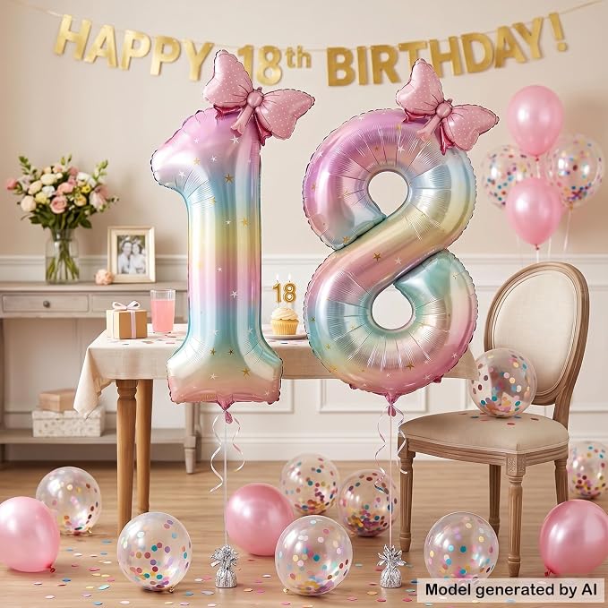40" Giant Pastel Rainbow Number 18 Balloon Foil Pink Bow Decor Kit | - Image 3