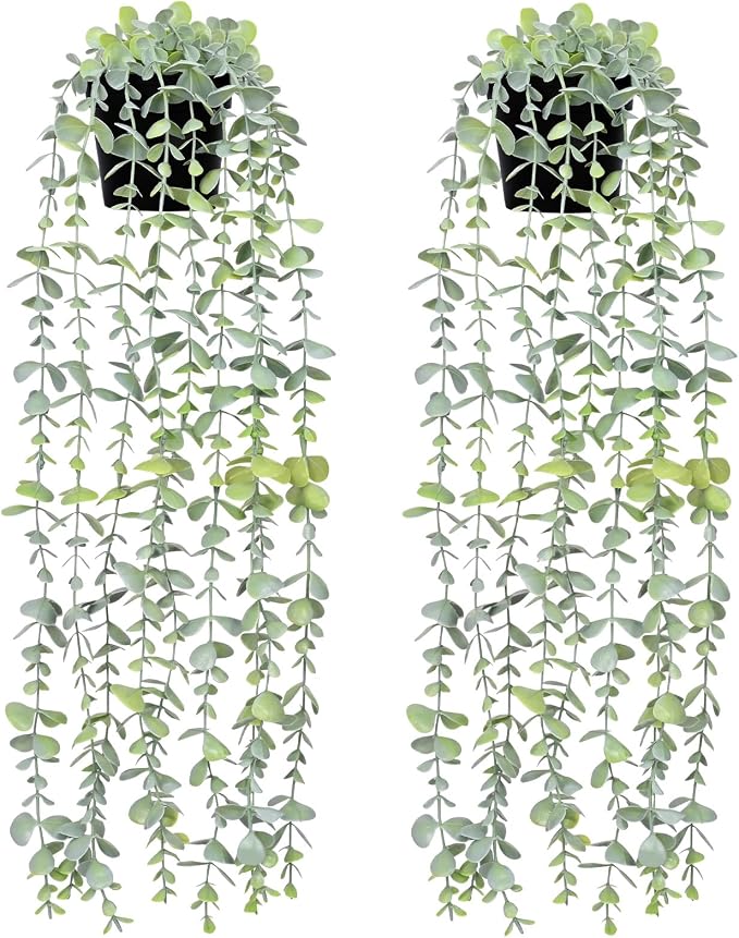 2Pcs Fake Hanging Plants with Pot Eucalyptus Leaves Fake Vines | UV Resistant by Waipfaru