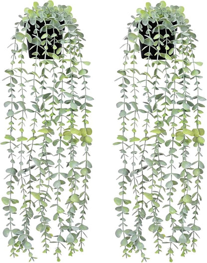 2Pcs Fake Hanging Plants with Pot Eucalyptus Leaves Fake Vines | UV Resistant by Waipfaru