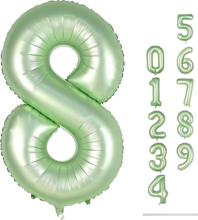 Sage Green Balloon Number 8, 40 Inch Large Self Inflating Foil Number Balloons by Lingqiang