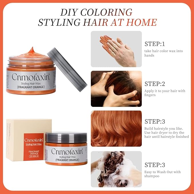 Hair Color Wax,Temporary Hair Color Dye,Washable One-time Natural Hair Coloring Mud Wax for Halloween Cosplay, Party & Daily Use,Easy to Remove (Orange-4.23 oz)