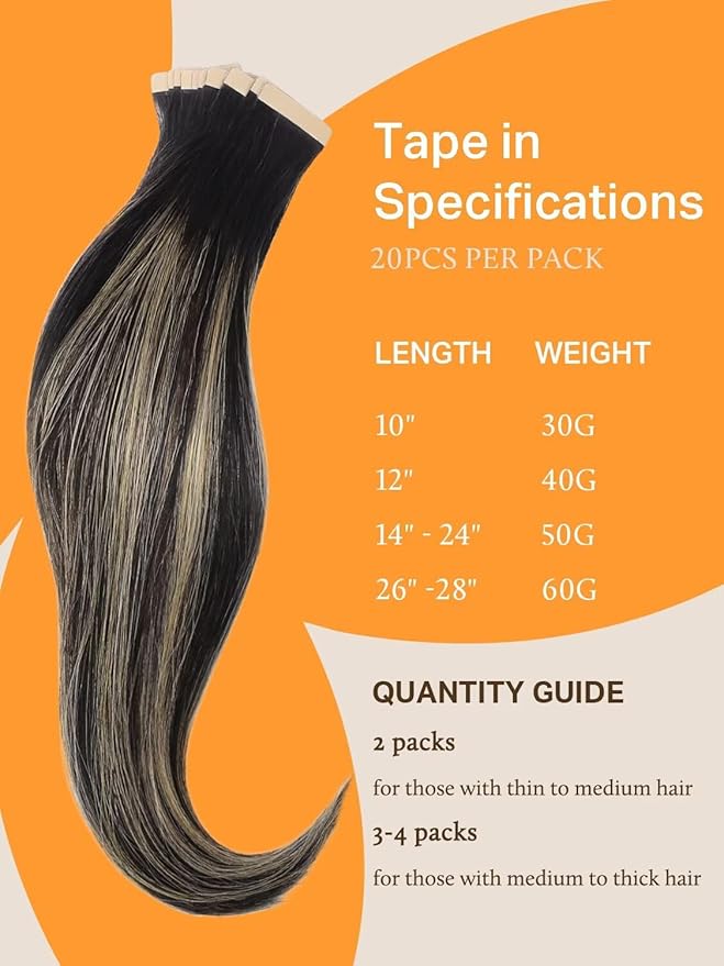 DOORES Tape in Hair Extensions Human Hair, Natural Black to Light Blonde 20pcs 26 Inch 60g, Hair Extensions Tape in Extensions Skin Weft Natural Remy Hair Long Straight Hair