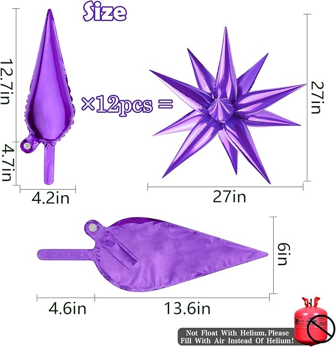 60 PCS Purple Star Balloons, 12 Point cone Explosion Star Foil Balloons - Image 4