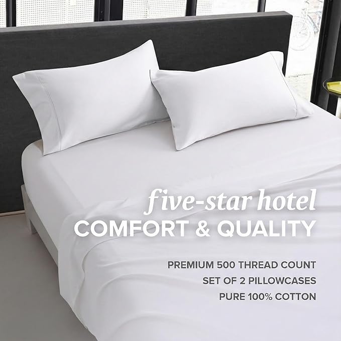 Beckham Hotel Collection 100% Cotton Pillow Cases King Size Set of 2, 500TC, Luxury Sateen Pillowcases, Open End, Breathable, Moisture-Wicking, White