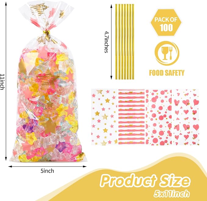 COQOFA 100 Pcs 5"X11" Cello Cellophane Treat Bags Party Favor bags Pink Candy - Image 2
