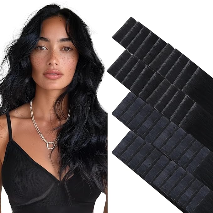 GOO GOO Invisi Edge Tape in Hair Extensions Human Hair, 1 Jet black 20pcs injected with 20pcs classical tape ins, 14inch 100g, Virgin Remy Hair, Natural Look