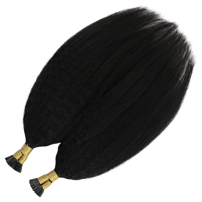 YoungSee Kinky Itip Hair Extensions Real Human Hair Black I Tip Hair Extensions Human Hair Kinky Straight 24 Inch 50g 50s Black Itip Hair Extension for Black Women Long Hair Extension