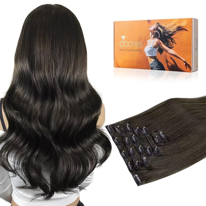 DOORES Mocha Brown 12in Clip-In Human Hair Extensions, 7pcs 80g Thick Silky Straight Remy Hair