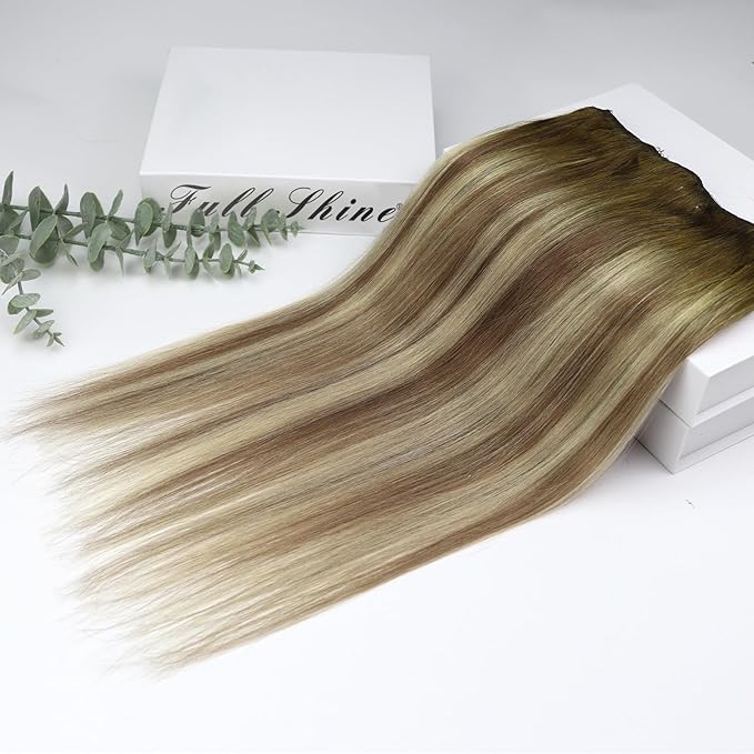 Full Shine Ombre Hair Extensions Clip in Human Hair Dark Brown Roots Ash Brown Mix Medium Blonde Lace Weft Clip in Hair Extension for Women 18 Inch 3 PCS 60 G