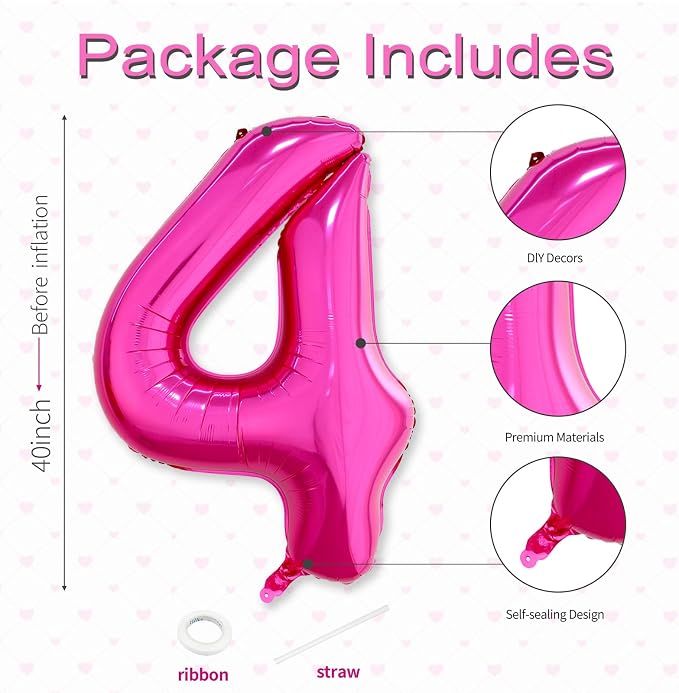40 Inch Hot Pink Number 4 Balloon, Giant Number Balloons, Birthday Decor | - Image 3