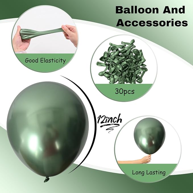 Jobkoo Metallic Green Balloons, 12Inch Chrome Dark Green Balloons 30Pcs Retro - Image 2