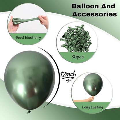 Jobkoo Metallic Green Balloons, 12Inch Chrome Dark Green Balloons 30Pcs Retro - Image 2