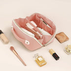 Prite Makeup Bag for Women Travel Waterproof Vegan Leather Cosmetic Bag Open Flat Toiletry Bag With Clear Divider and Handle (Large Pink)