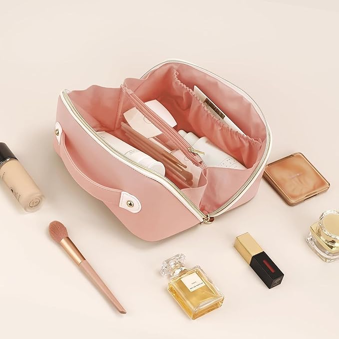 Prite Makeup Bag for Women Travel Waterproof Vegan Leather Cosmetic Bag Open Flat Toiletry Bag With Clear Divider and Handle (Pink)