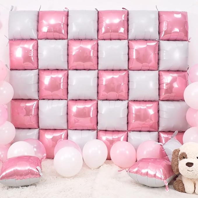 Pearl Pink and White Double Sided Square Foil Balloons Wall, 19 Inches Chrome - Image 3